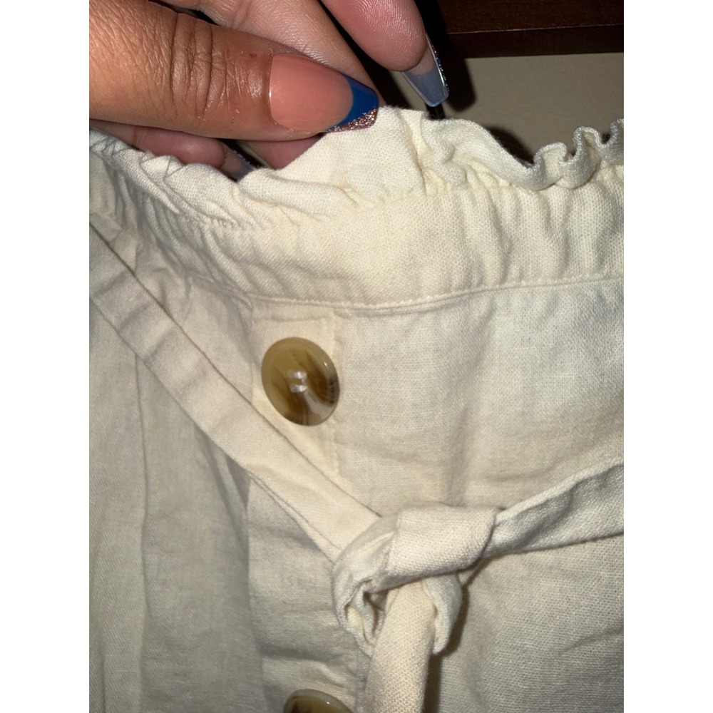 Minimalist Cream Linen Blend Paperbag Waist Button Front Mini Skirt sz1 Preppy - Picture 3 of 8